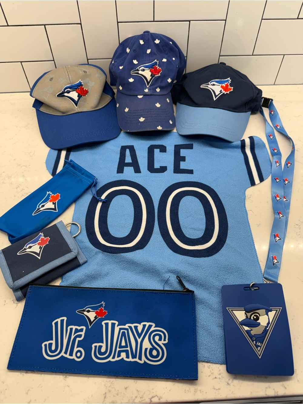 Kids Jr. Jay Set - towel, 3 hats (2 never worn), wallet, pencil case lanyard